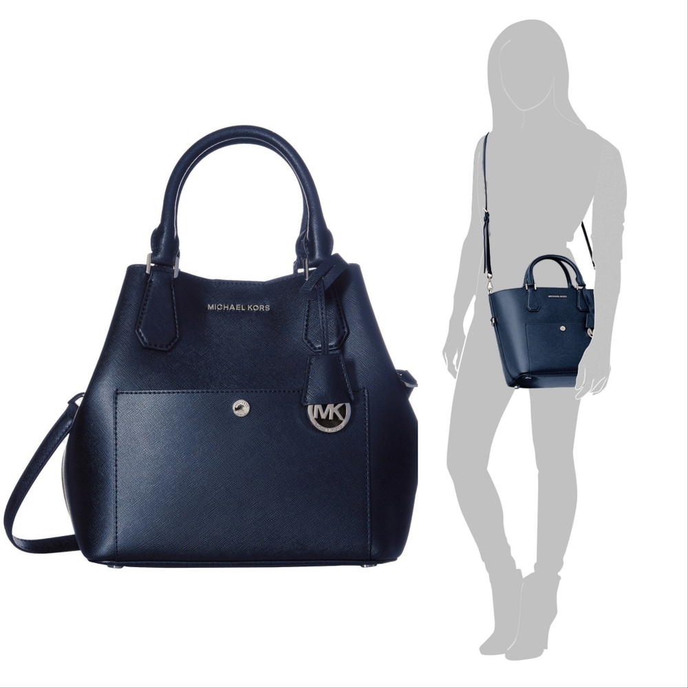 New! MICHAEL KORS Leather Greenwich Large Grab Bag Handbag Crossbody Navy Blue